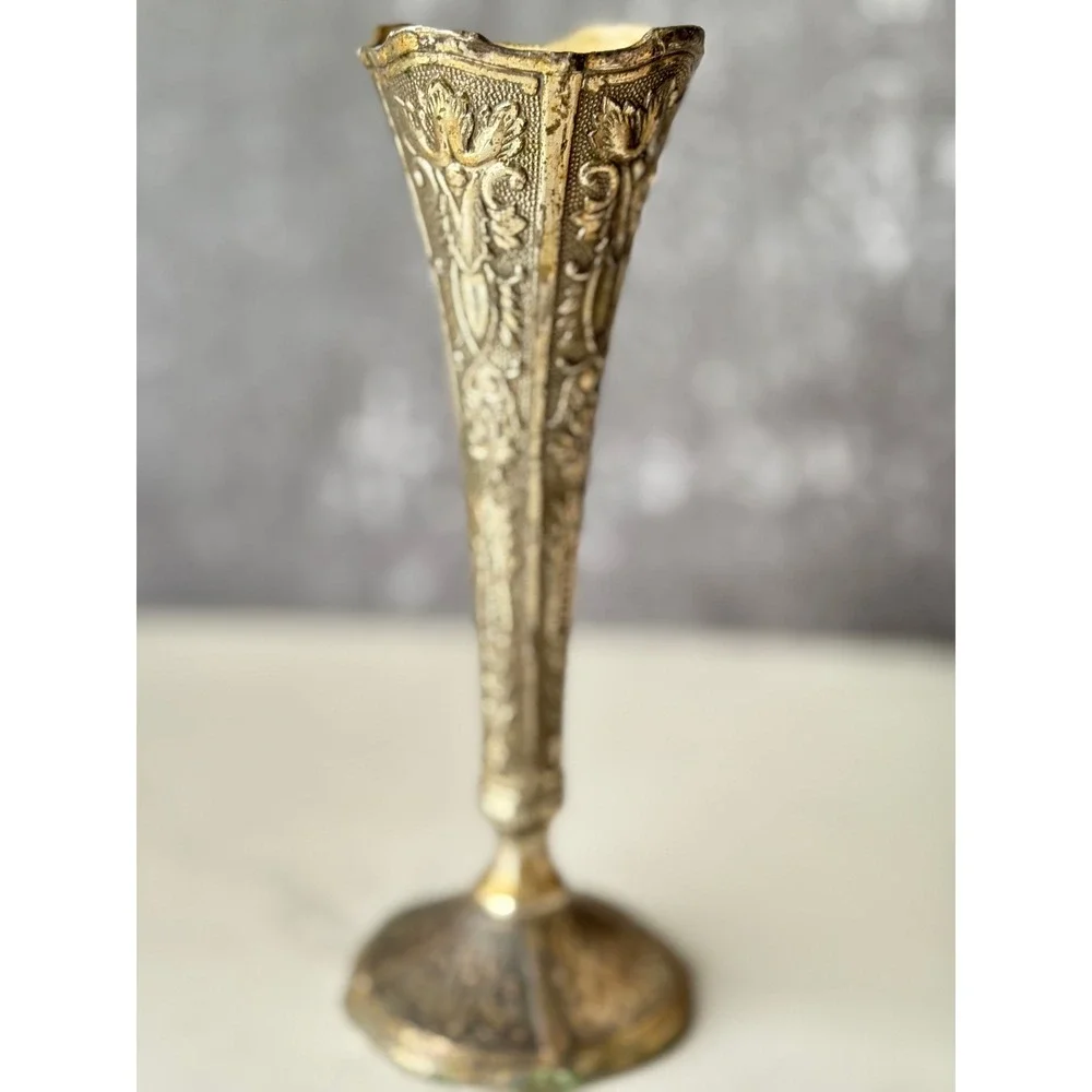 Vintage Silver Plated Bud Vase Embossed Floral Trumpet Scalloped Japan 6